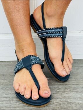 Pierre Dumas Navy Beaded T-Strap Sandals